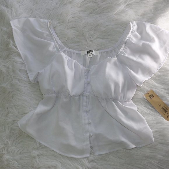 Madden NYC White Flutter Sleeve Button Front Top - Size Small, NWT - Picture 2 of 8